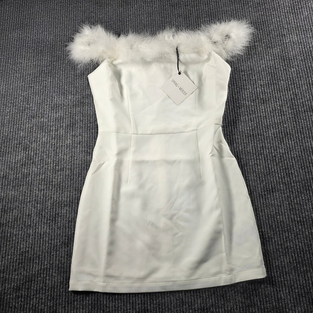 Spring + Mercer Womens White  Feather Trim Off Shoulder Mini Dress Size S NWT